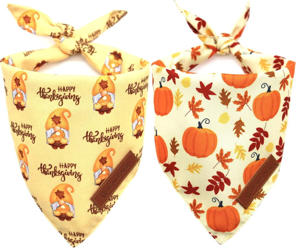 Realeaf Thanksgiving Dog Bandanas 2 Pack, Pumpkins and Happy Thanksgiving Pet Scarf for Boy and Girl, Premium Durable Fabric, Reversible Holiday Bandana for Large and X-Large Dogs Pets (X-Large)