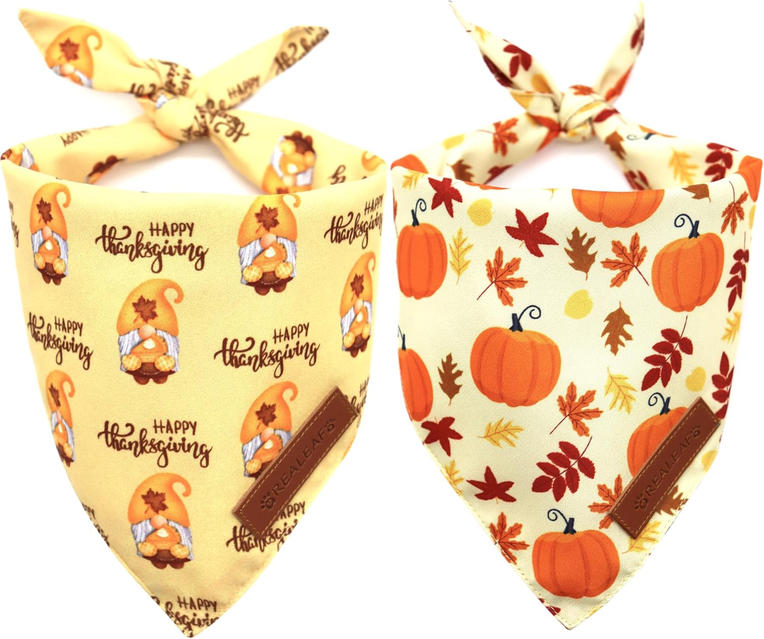 Realeaf Thanksgiving Dog Bandanas 2 Pack, Pumpkins and Happy Thanksgiving Pet Scarf for Boy and Girl, Premium Durable Fabric, Reversible Holiday Bandana for Large and X-Large Dogs Pets (X-Large)