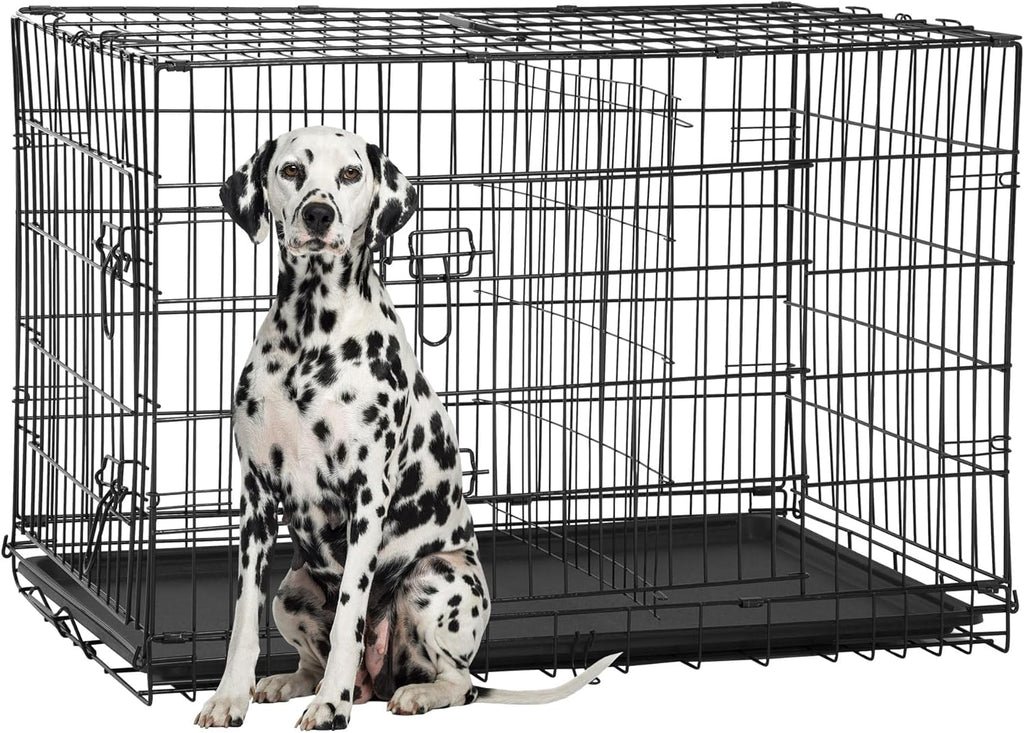 FDW Extra Large Dog Crate Dog Kennel Cage with Double Door,48 inch Folding Metal Wire Dog Cage with Removable Tray&Divider Panel,Pet Crate for Large Dogs,Black