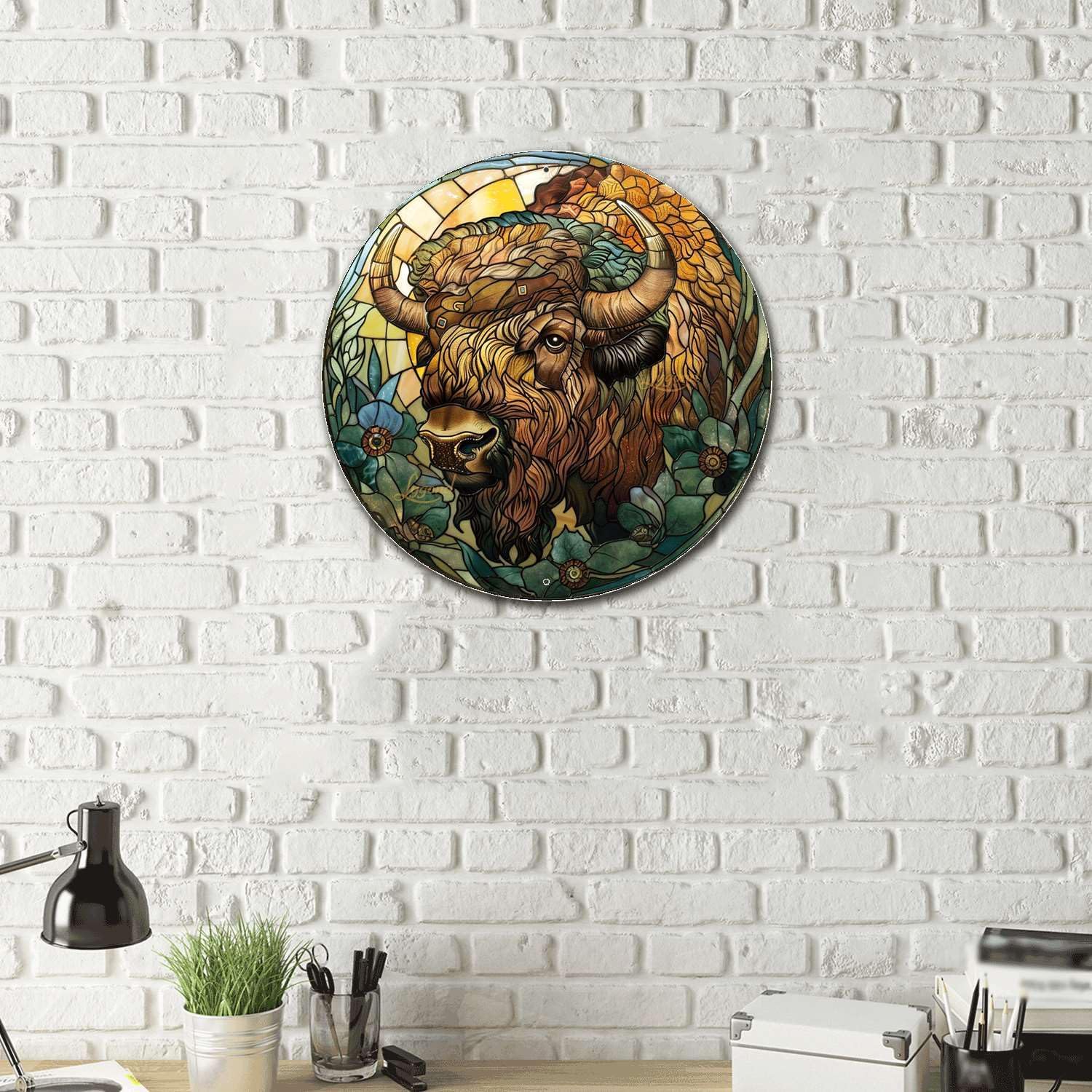 Lygond Metal Sign Tin Sign Circular Stained Glass American Bison Greenhouse Decor for Restaurant 8×8 Inches