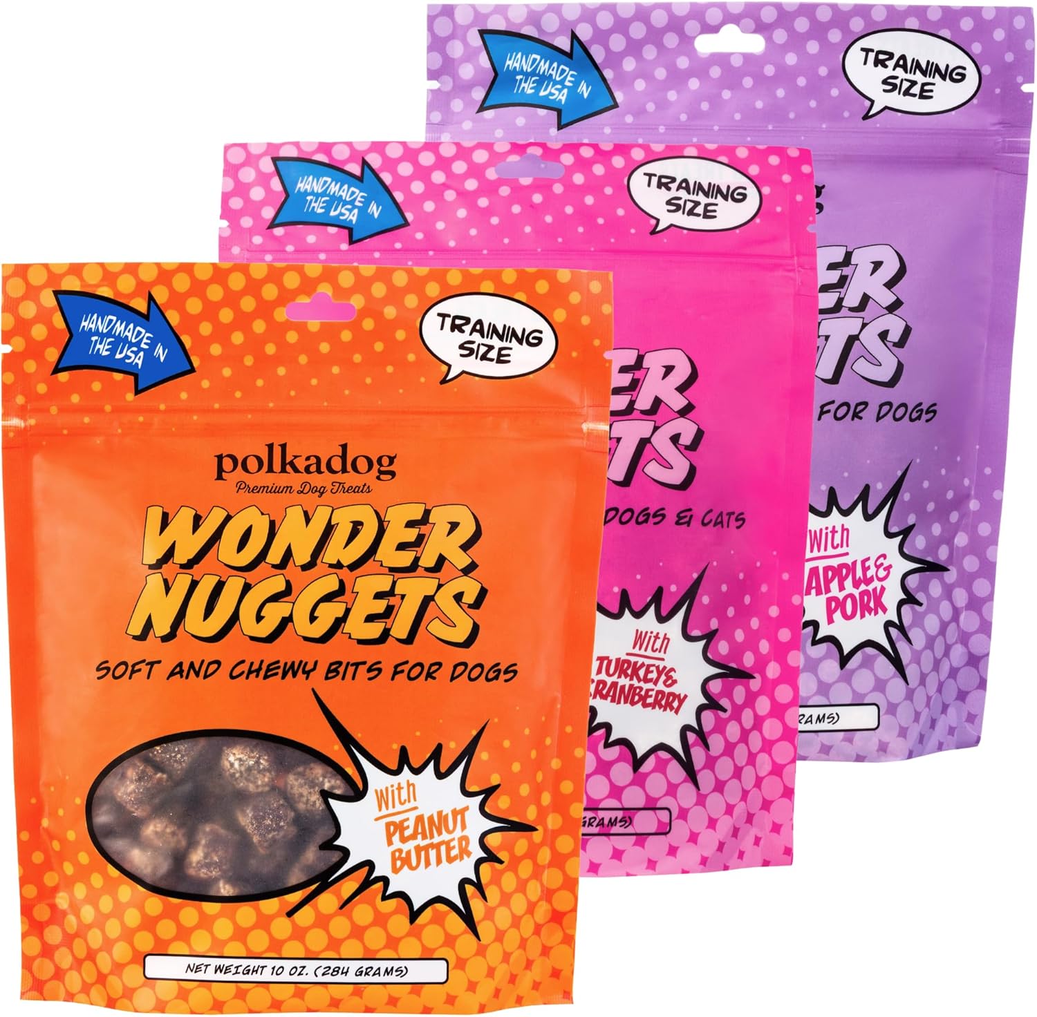 Polkadog Wonder Nuggets Variety 3-Pack– Includes Peanut Butter, Turkey & Cranberry, Apple & Pork – Soft & Chewy, Limited Ingredient Healthy Training Treats – Natural, Made in USA – 10 oz (Pack of 3)