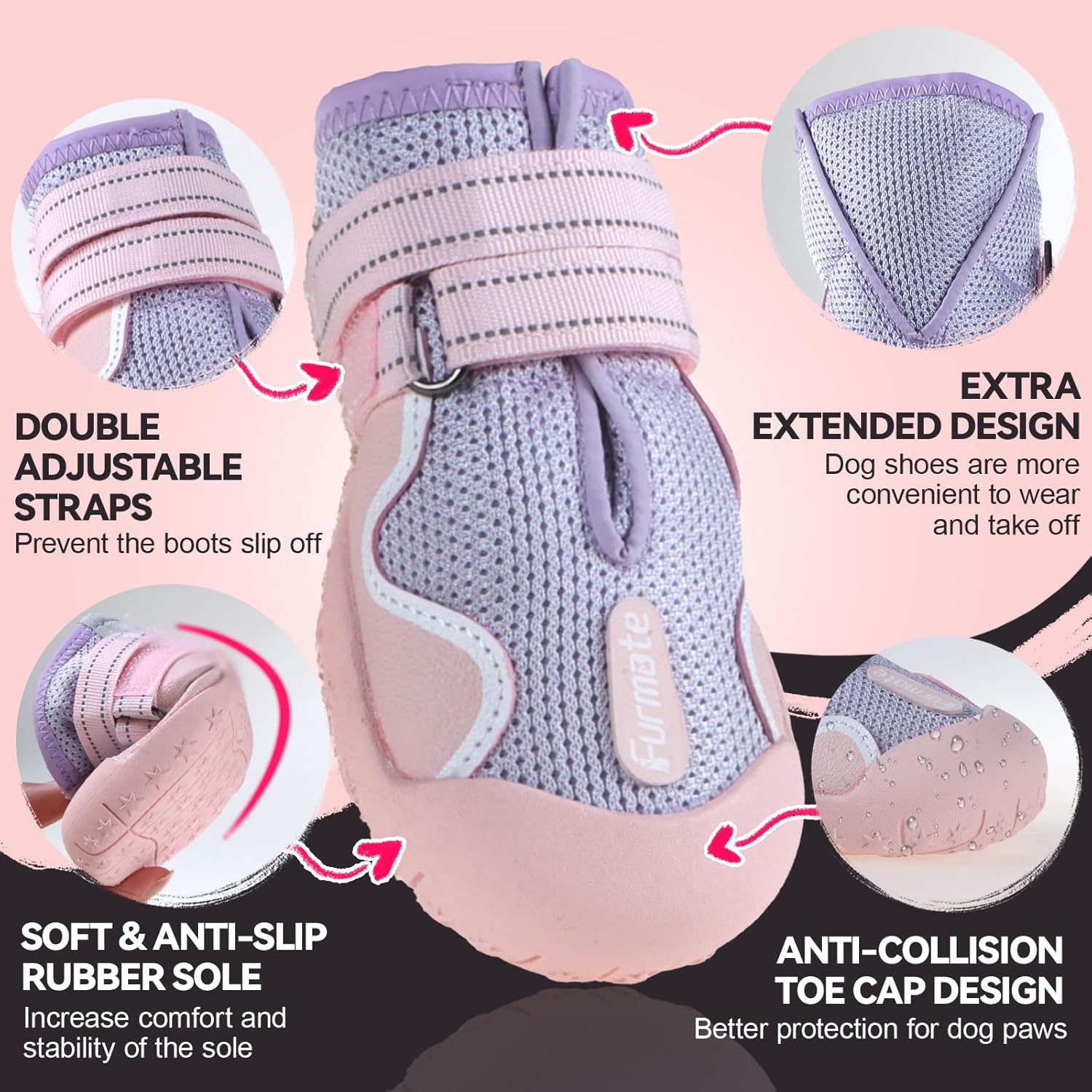 Dog Shoes for Large Small Medium Dogs, Breathable Mesh Dog Boots & Paw Protectors for Summer Hot Pavement Winter Snow, Waterproof Anti-Slip Dog Booties for Hiking Hardwood Floors(Pink-Purple7)