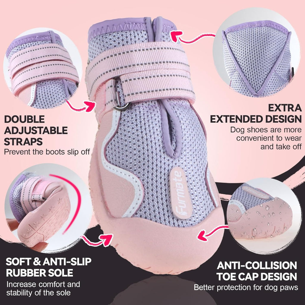 Dog Shoes for Large Small Medium Dogs, Breathable Mesh Dog Boots & Paw Protectors for Summer Hot Pavement Winter Snow, Waterproof Anti-Slip Dog Booties for Hiking Hardwood Floors(Pink-Purple2)