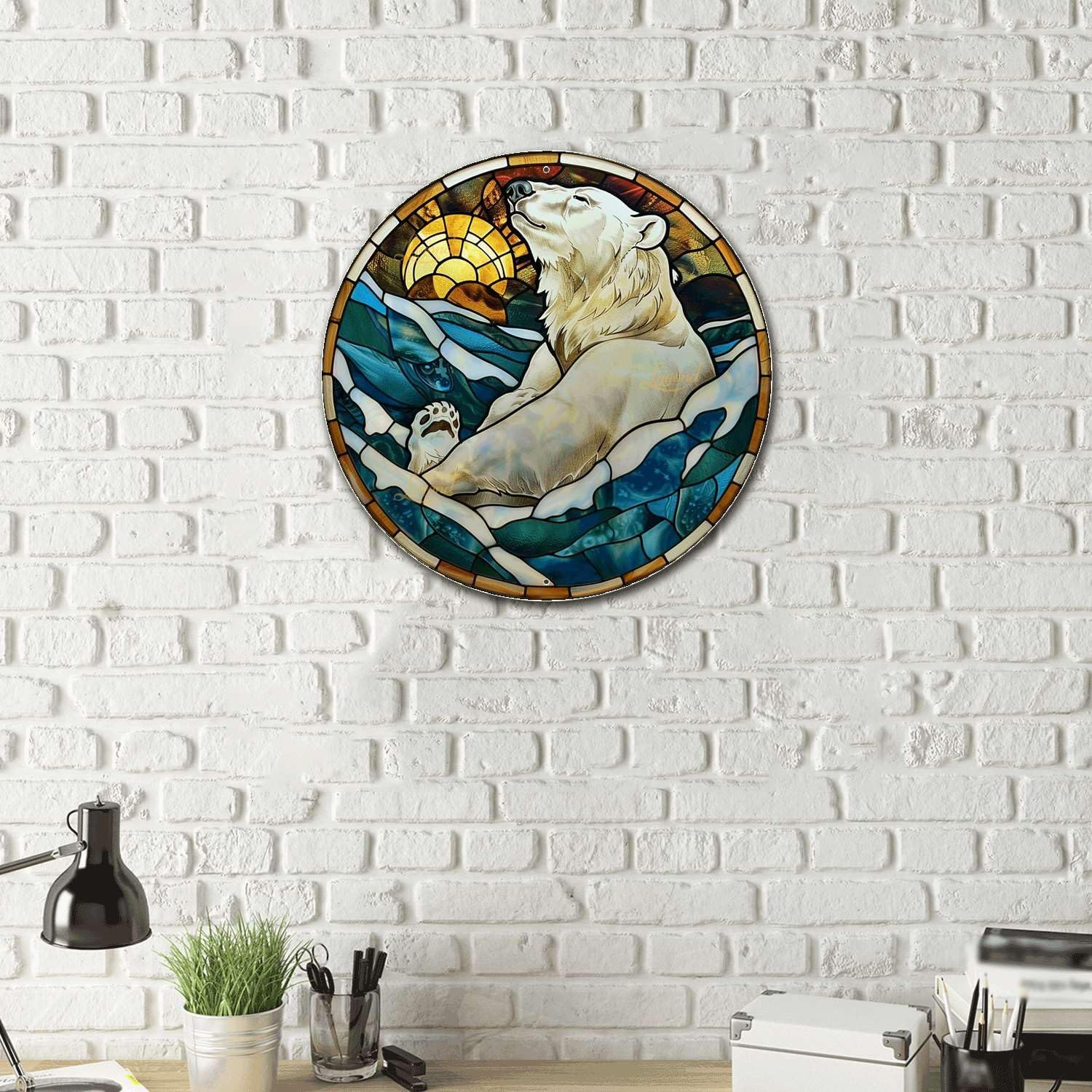 Lygond Metal Sign Tin Sign Circular Stained Glass Polar Bear Boho Decorations For Home For Gift 8×8 Inches
