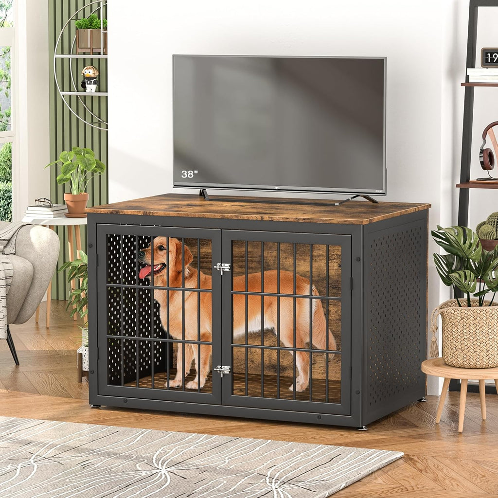48" Rustic Heavy Duty Dog Crate Furniture for Extra Large Dogs, Metal Kennel for High Anxiety Dogs, Wooden Cage Furniture Indoor, Decorative Dog Kennel End Table, XL