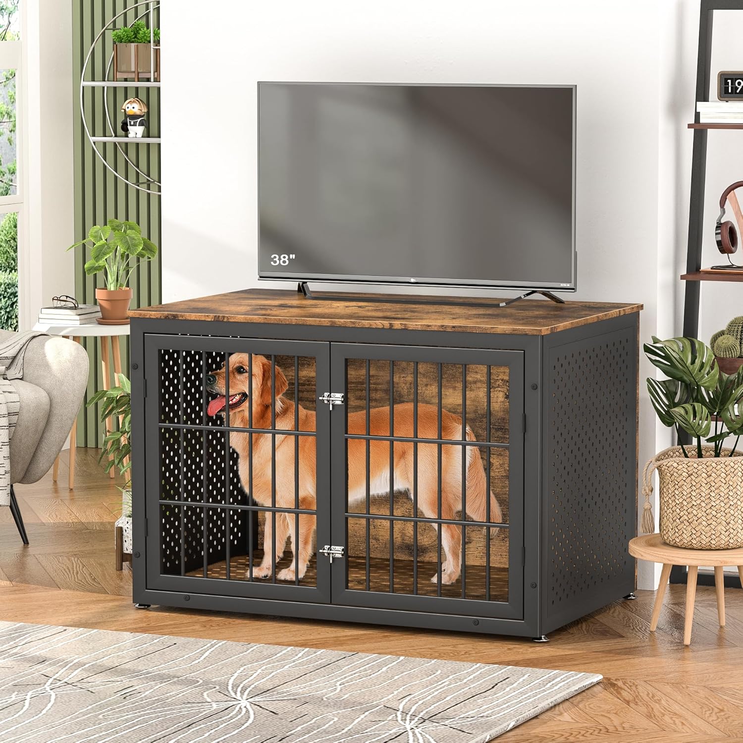 48" Rustic Heavy Duty Dog Crate Furniture for Extra Large Dogs, Metal Kennel for High Anxiety Dogs, Wooden Cage Furniture Indoor, Decorative Dog Kennel End Table, XL