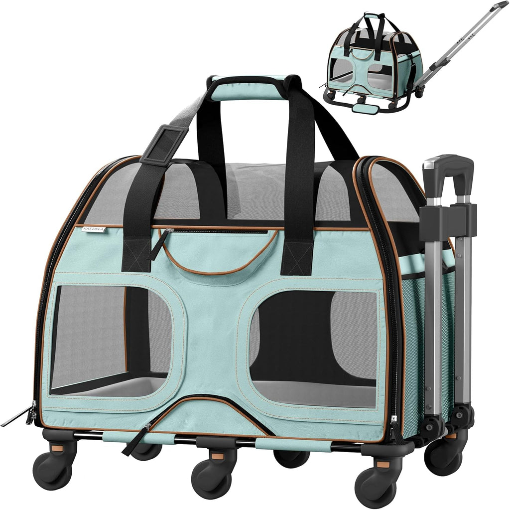 Katziela Pet Carrier - Airline Compliant Dog Carrier - TSA Approved Pet Carrier for Small Dogs and Cats - Soft FAA Travel Airplane Dog Carrier Luggage (Blue/Brown-6 Wheels)