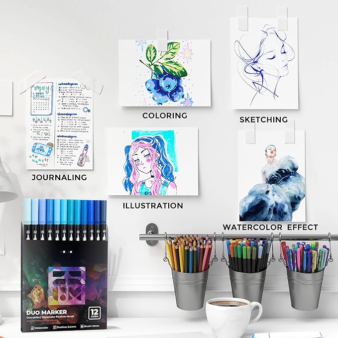 Blue Duo Tip Marker Pens, 12 Pack Fine & Brush Markers for Adult Coloring Books No Bleeding, Ocean Blue Markers for Sky & Sea Landscapes, Water Effects, Calming Mandalas and Journaling