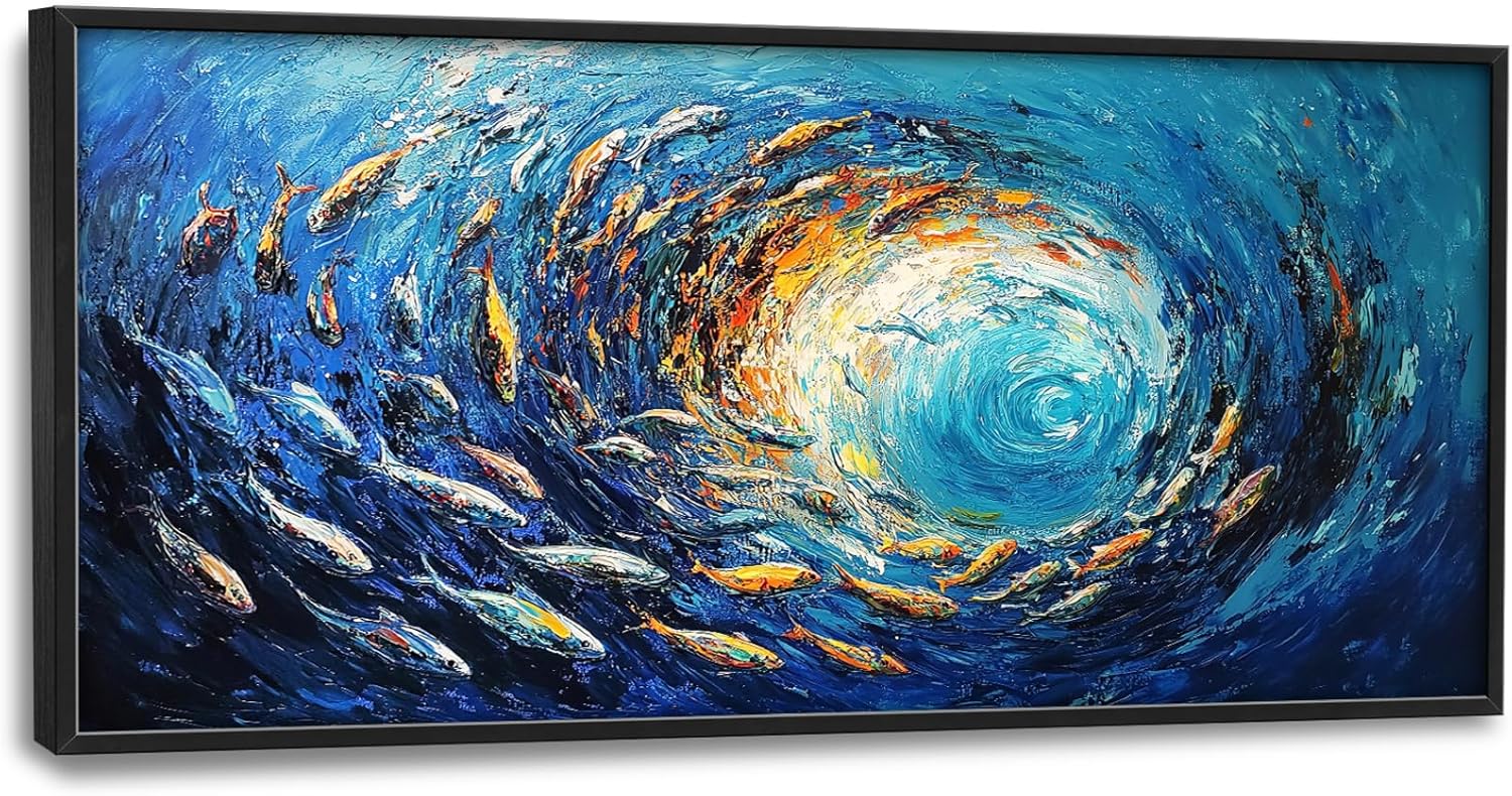 Extra Large Framed Abstract Ocean Fish Wall Art,Oversized Blue Sea Nautical Fish Wall Decor Pictures for Living Room,Canvas Print Painting Modern Artwork Bedroom Office Bathroom Home Decor 60L x30W