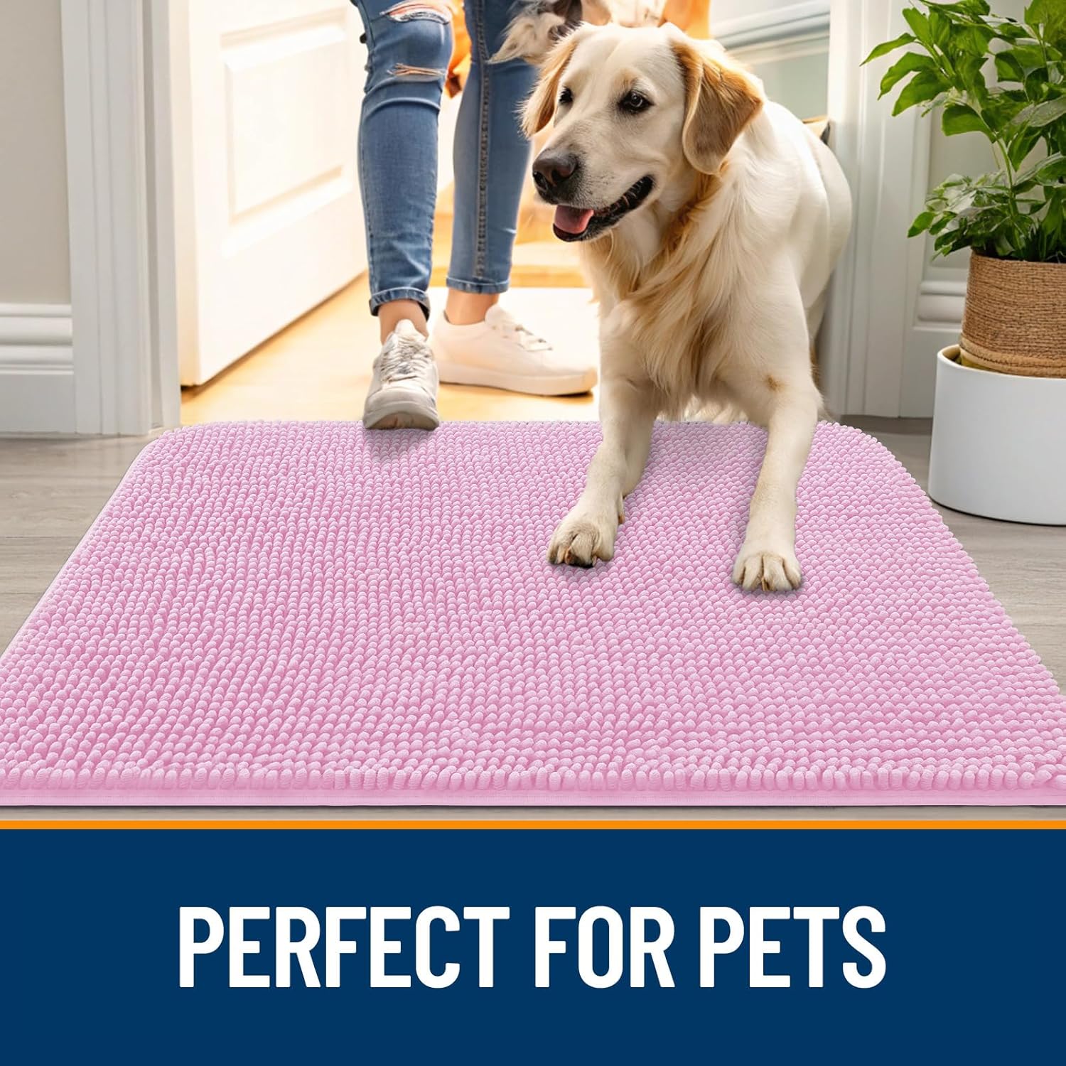 OLANLY Dog Door Mat for Muddy Paws 24x16, Absorbs Moisture and Dirt, Absorbent Non-Slip Washable Doormat, Quick Dry Chenille Mud Mat for Dogs, Entry Indoor Entryway Carpet for Inside Floor, Pink