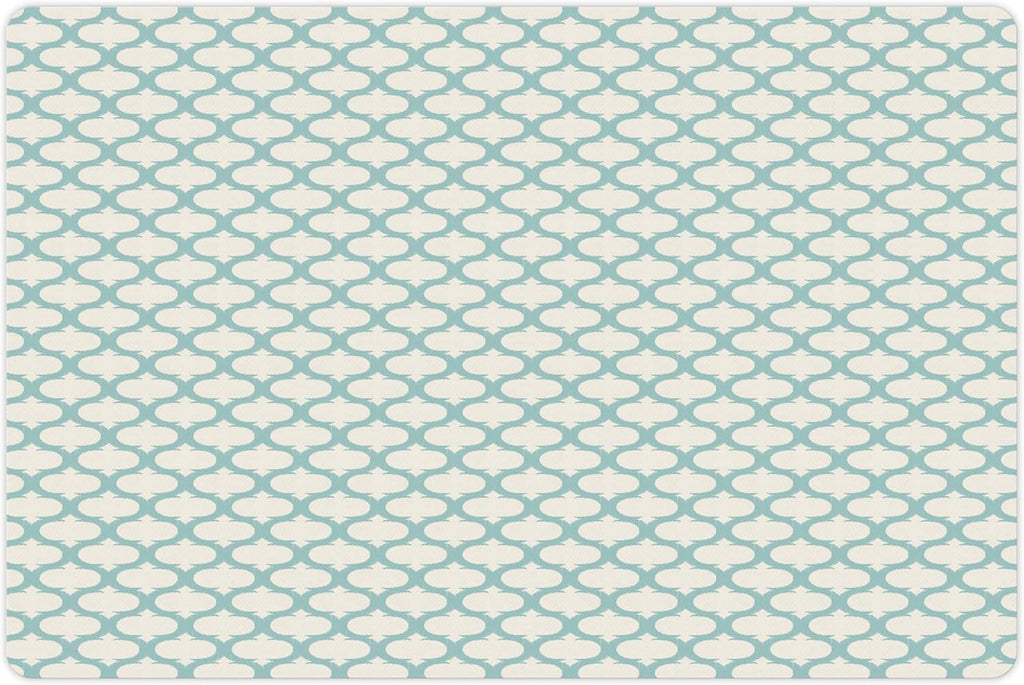 Lunarable Ikat Pet Mat for Food and Water, Mesh Patterns and Lines on Vintage Backdrop Retro Ikat Style Boho Print, Non-Slip Rubber Mat for Dogs and Cats, 18" X 12", Turquoise Cream