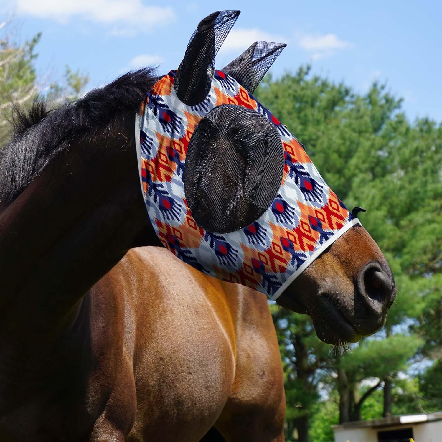 Harrison Howard Super Comfort Stretchy Fitting Horse Fly Mask with UV Protection Soft on Skin with Breathability Tribe Feather Cob (Medium)