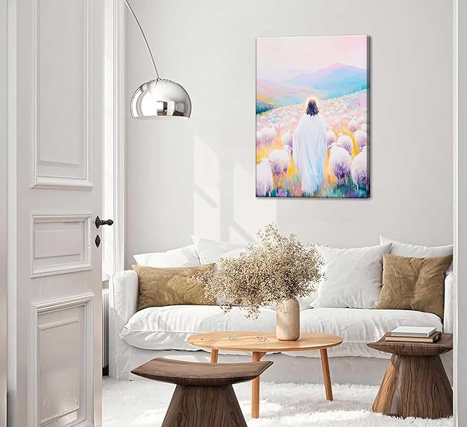 Pink Jesus Canvas Wall Art Christian Jesus And Lamb Shepherd Bible Stories Painting Picture Religious Beliefs Poster Print Artwork for Living Room Bedroom Church Home Decoration