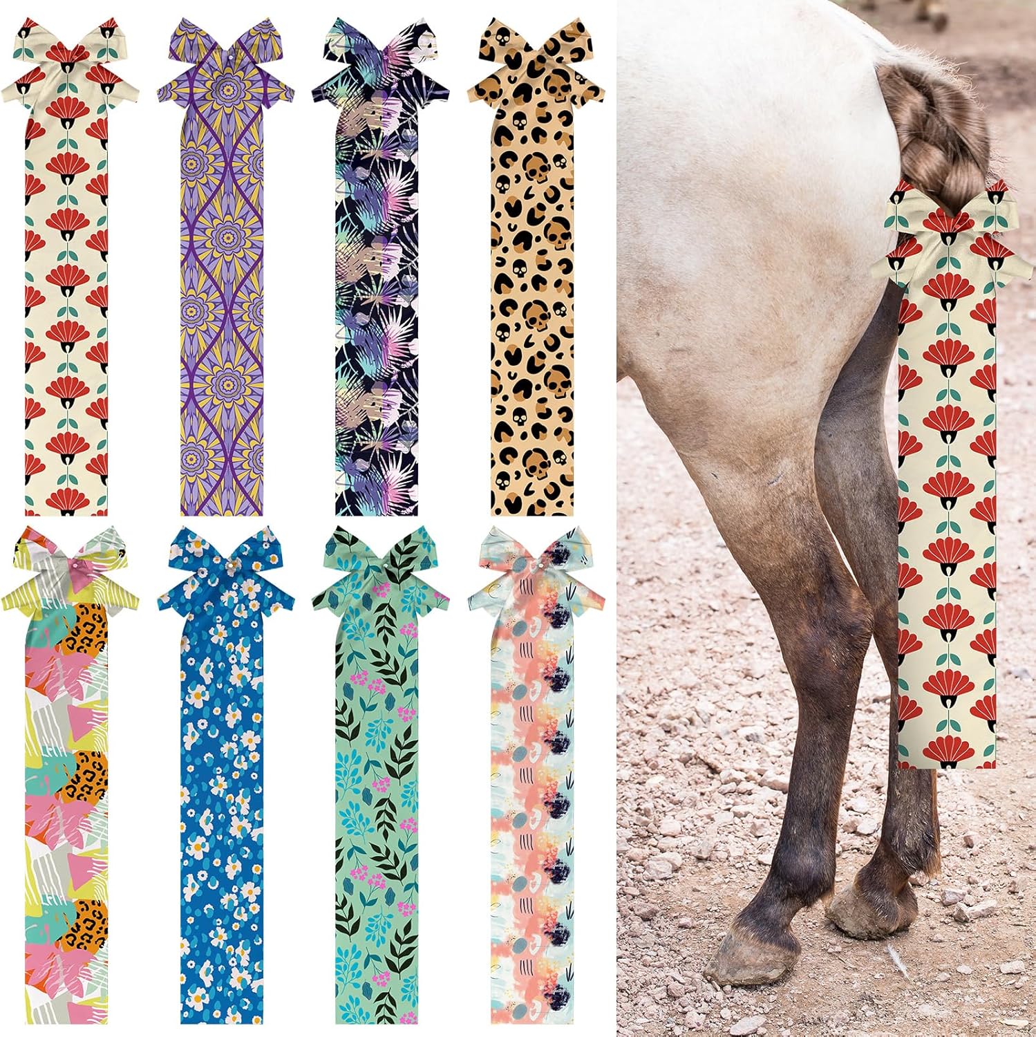 Eccliy 8 Pcs Horse Tail Bag Breathable Guard Stretchy 22" Slip on Horse Tail Wrap 2 Strand Closure Straps Grooming Supplies to Keep from Dirt Breakage Rubbing 8 Designs