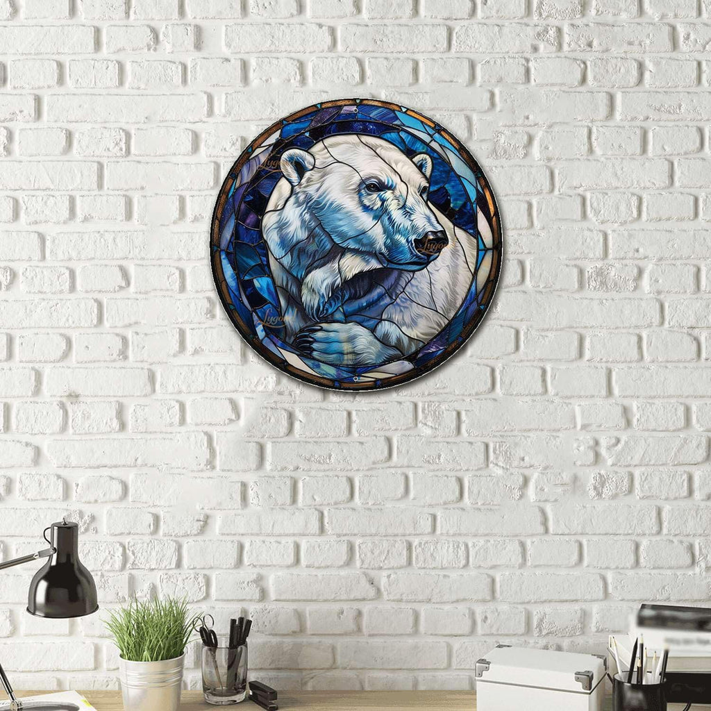 Lygond Metal Sign Tin Sign Circular Stained Glass Polar Bear2 Funny Sign For Garage 8×8 Inches
