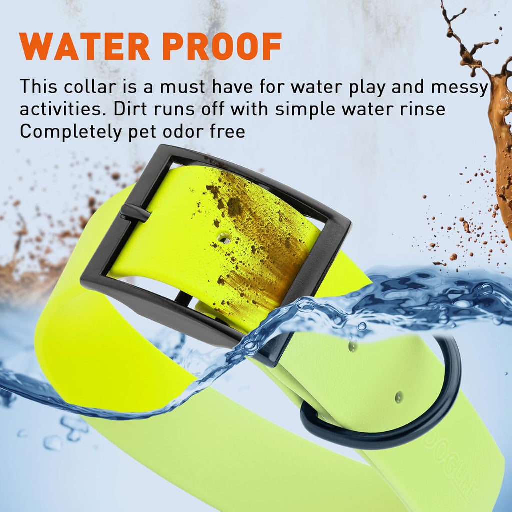 Dogline Biothane Waterproof Dog Collar Strong Coated Nylon Webbing with Black Hardware Odor- Proof for Easy Care Easy to Clean High Performance Fits Small Medium or Large Dogs, Safety Yellow