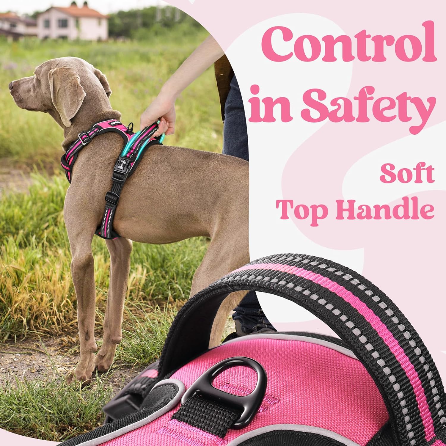 rabbitgoo Dog Harness Medium Sized, No Pull Pet Harness with 3 Buckles, Adjustable Soft Padded Vest with Control Handle, Walking Reflective Pet Vest for Medium Dogs, Rose Pink, M