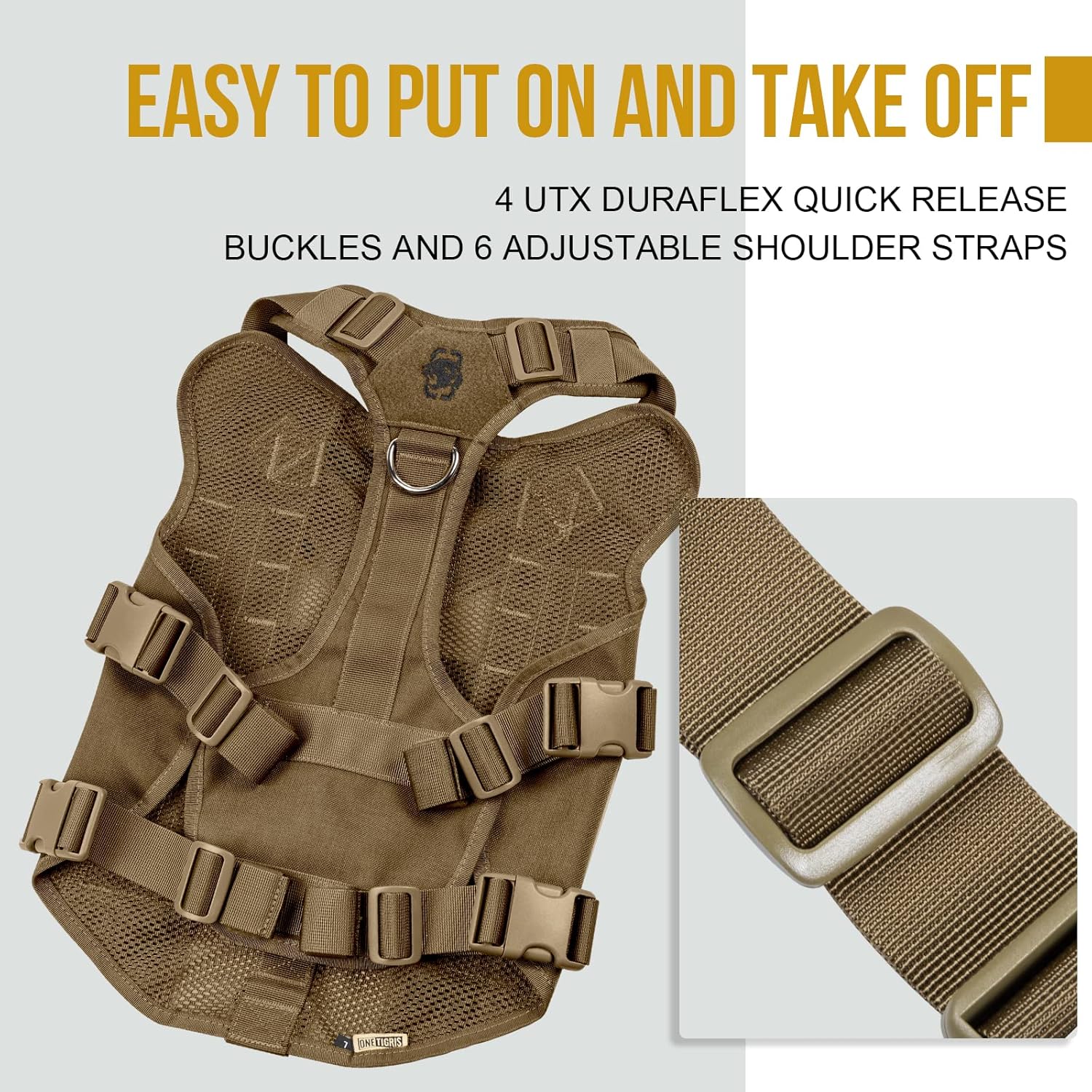 OneTigris No Pull Tactical Dog Harness for Medium Dog, Aire Mesh Dog Vest Harness, Breathable Military Molle Vests with Handles, Service Dog Vest for Walking Hiking Training (M, Brown)