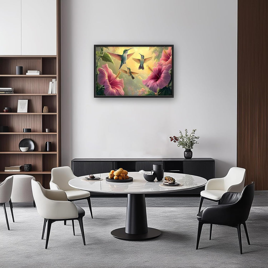 Framed Large Hummingbird Wall Art for Living Room, Oversized Rustic Bird Flower Wall Decor Floral Canvas Painting Nature Sunrise Pictures Modern Artwork for Bedroom Office Dinging Room 36"x24"
