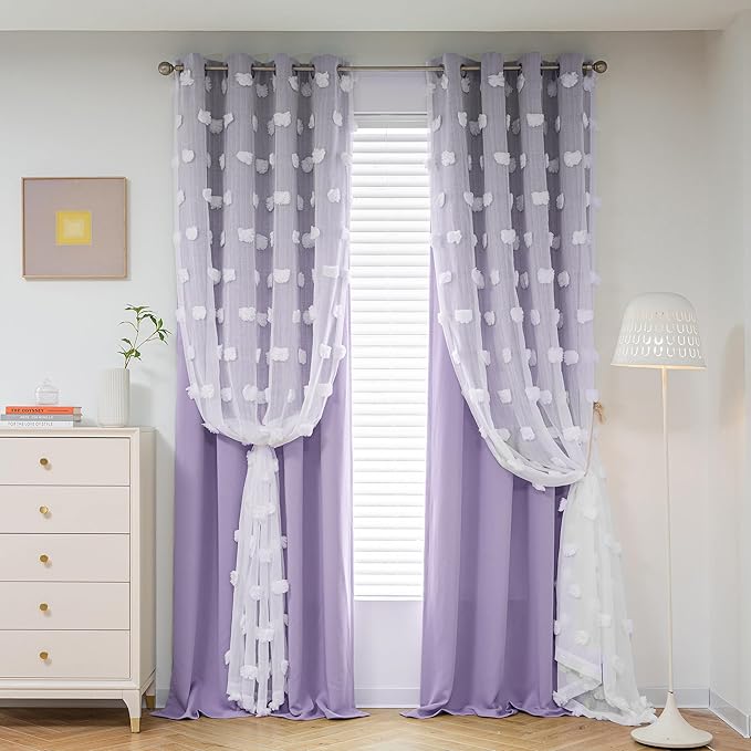 MYSKY HOME Light Blocking Lilac Curtains for Living Room White Sheer Pom Pom Kids Room Decor Drapes 102 Inches Long Double Layer Curtain for Sliding Door Grommet Window Panels Set of 2 52" x 102"