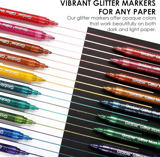 Grabie 24 Glitter Metallic Markers, Medium Tip Glitter Acrylic Paint Markers, Quick-Drying Water-based Ink Glitter Pens for Adults, DIY Crafts Making, Set of 24