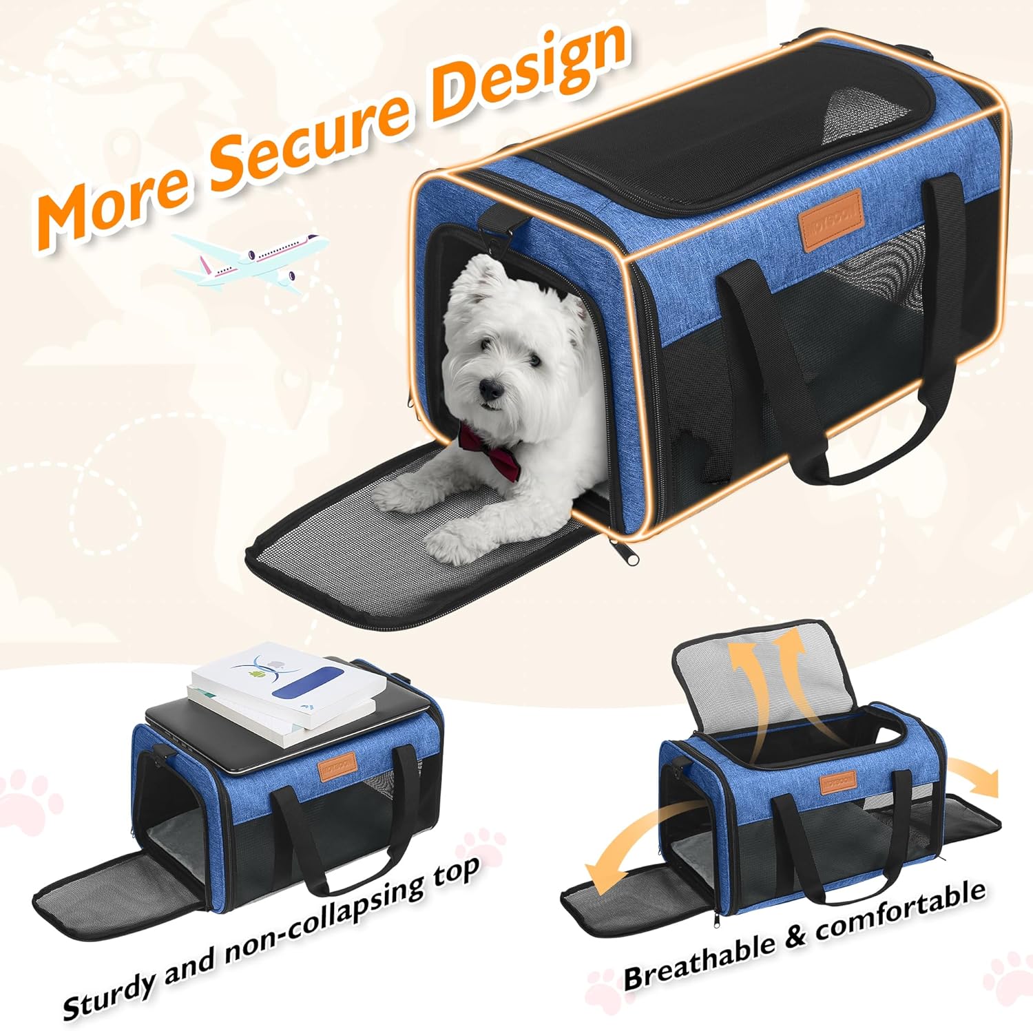 PETUX TSA Approved Pet Carrier in Cabin, 17"x11"x9.5" Soft Cat Carriers for Small Cats up to 12 lb, Top-Open Portable Dog Carrier with Litter Box and Anti-Scratch Mesh for Puppy up to 10 lb (Blue)