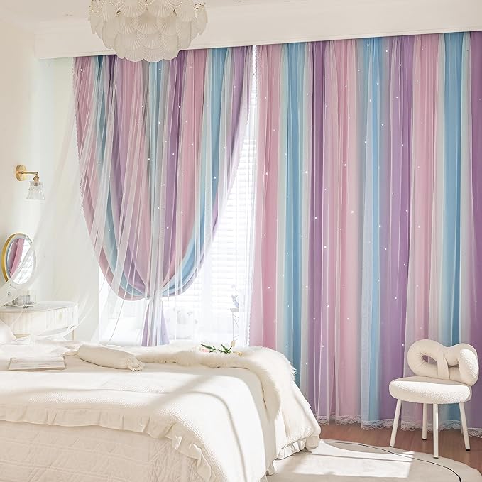 XiDi Blackout Curtains for Girls Bedroom Decor 63 inches Long Window Curtains Colorful Rainbow Design 2 Panel Sets, Kids Room Unicorn Princess Theme Home Decor Ombre Drapes Pink/Purple W34 X L63