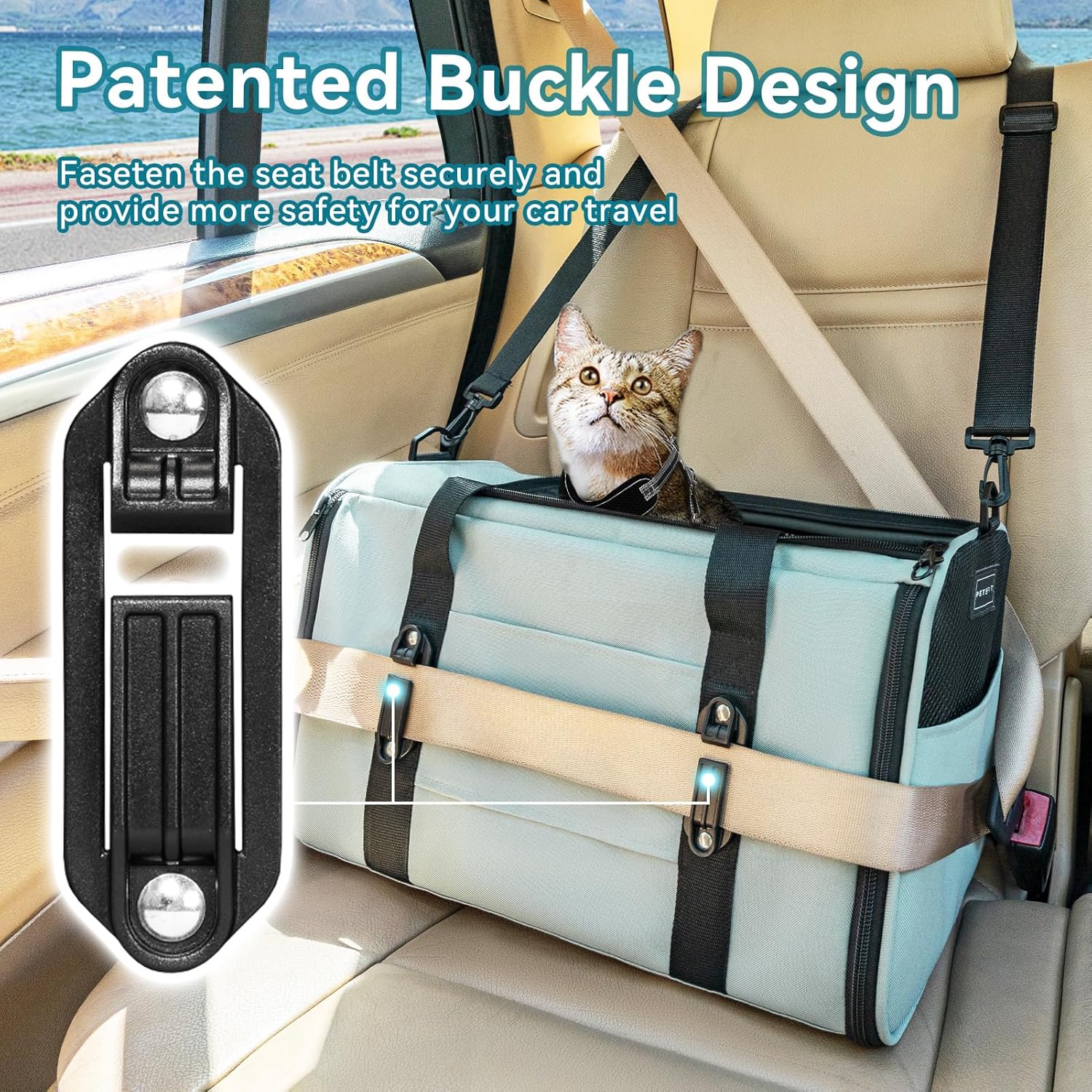 PETSFIT Soft-Sided Cat Carriers & Car Seats with Patent Safe Buckles, Clip-On Harness，18"x11"x11" Airline Approved Pet Carrier - 9 lbs Capacity (Cyan Blue)