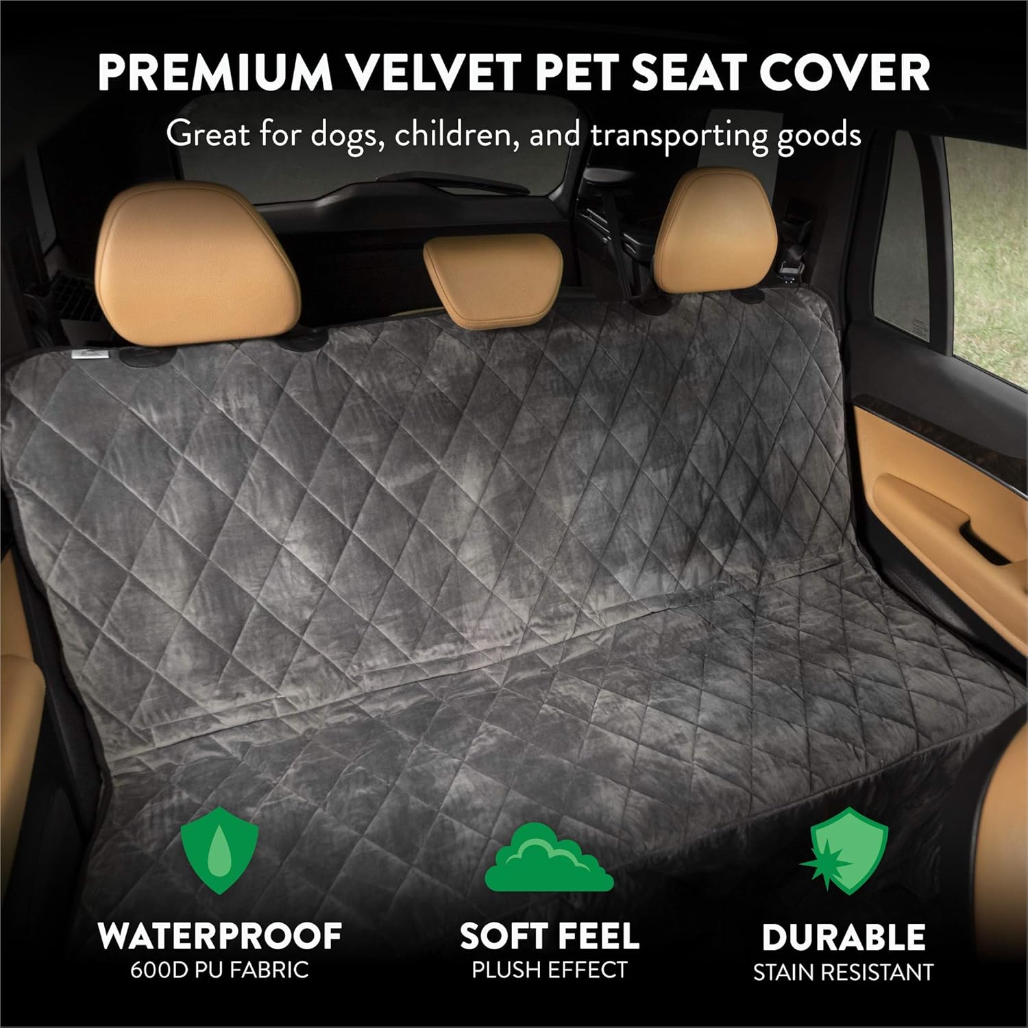 Plush Paws Products Velvet Rear Car Seat Protector w/Hammock | Washable & Waterproof Back Seat Dog Cover for Car, Truck, & SUV | Nonslip, Tear Resistant Pet Seat Cover | X-Large London Grey