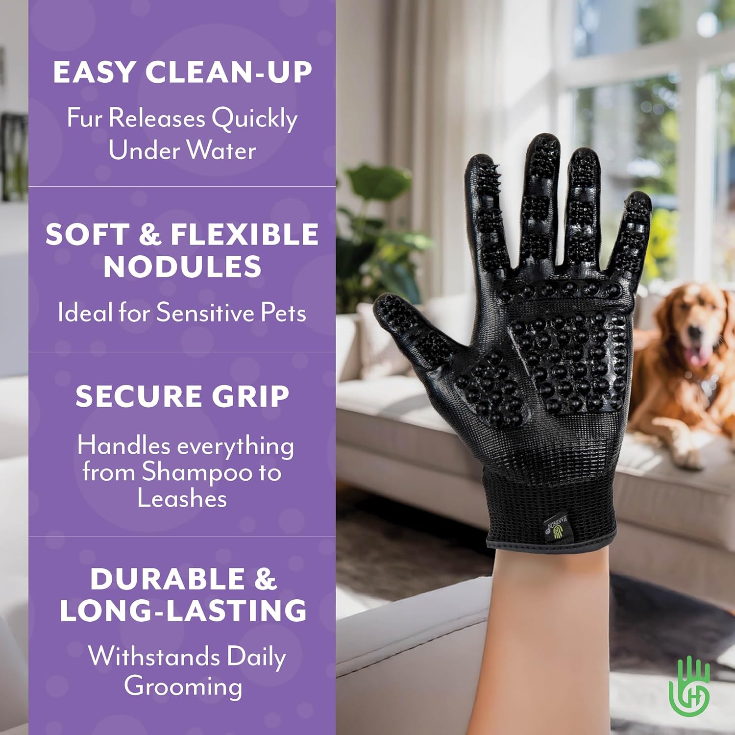 H HANDSON Pet Grooming Gloves - Patented #1 Ranked, Award Winning Shedding, Bathing, & Hair Remover Gloves - Gentle Brush for Cats, Dogs, and Horses (Purple, Medium)