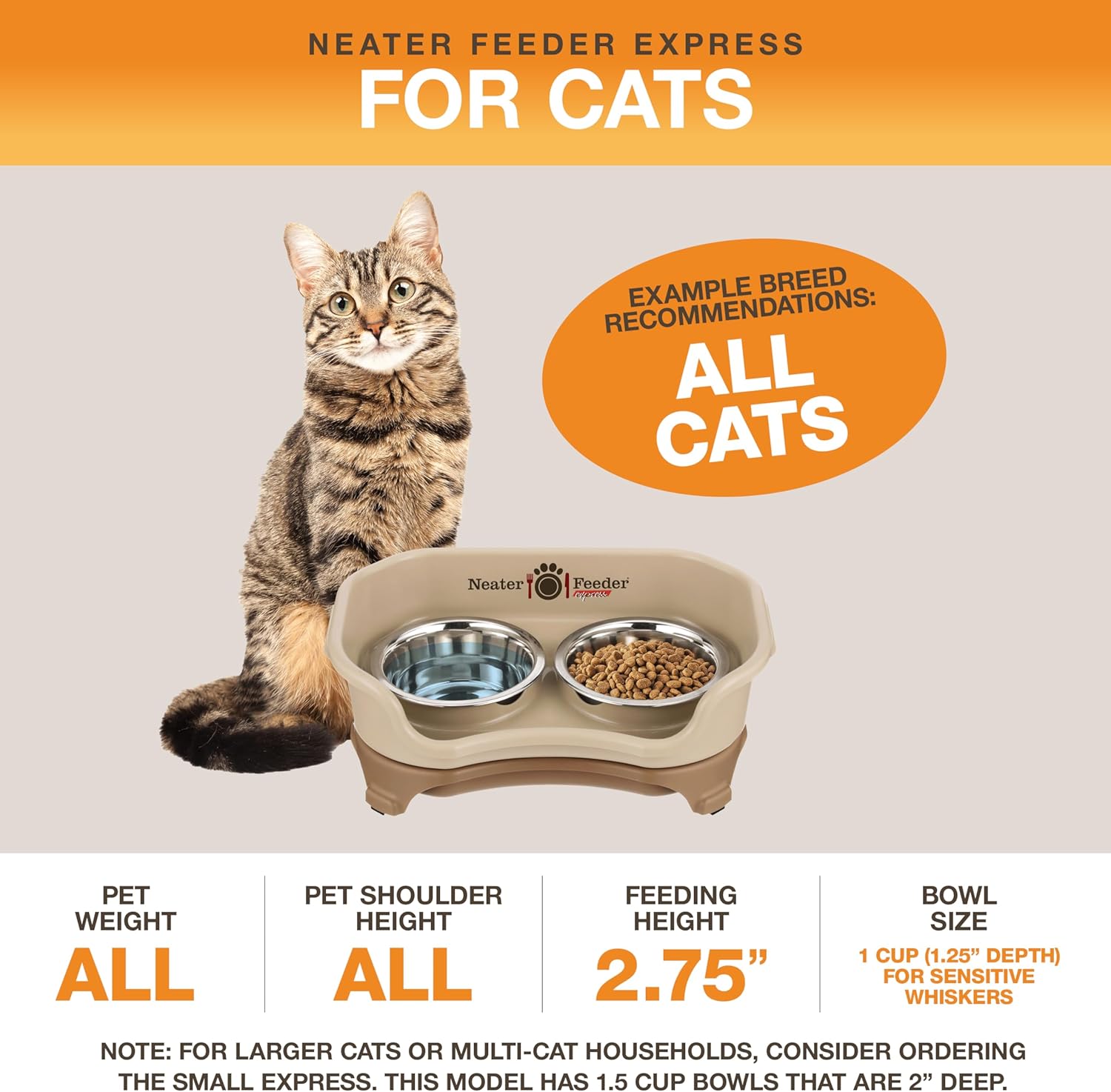 Neater Feeder Express Mess Proof Cat Bowls Elevated, No Spill Feeding Station, Stainless Steel Dishes for Food and Water, Raised Bowls for Indoor Cats, No Fatigue Whisker Friendly Dish, Cappuccino