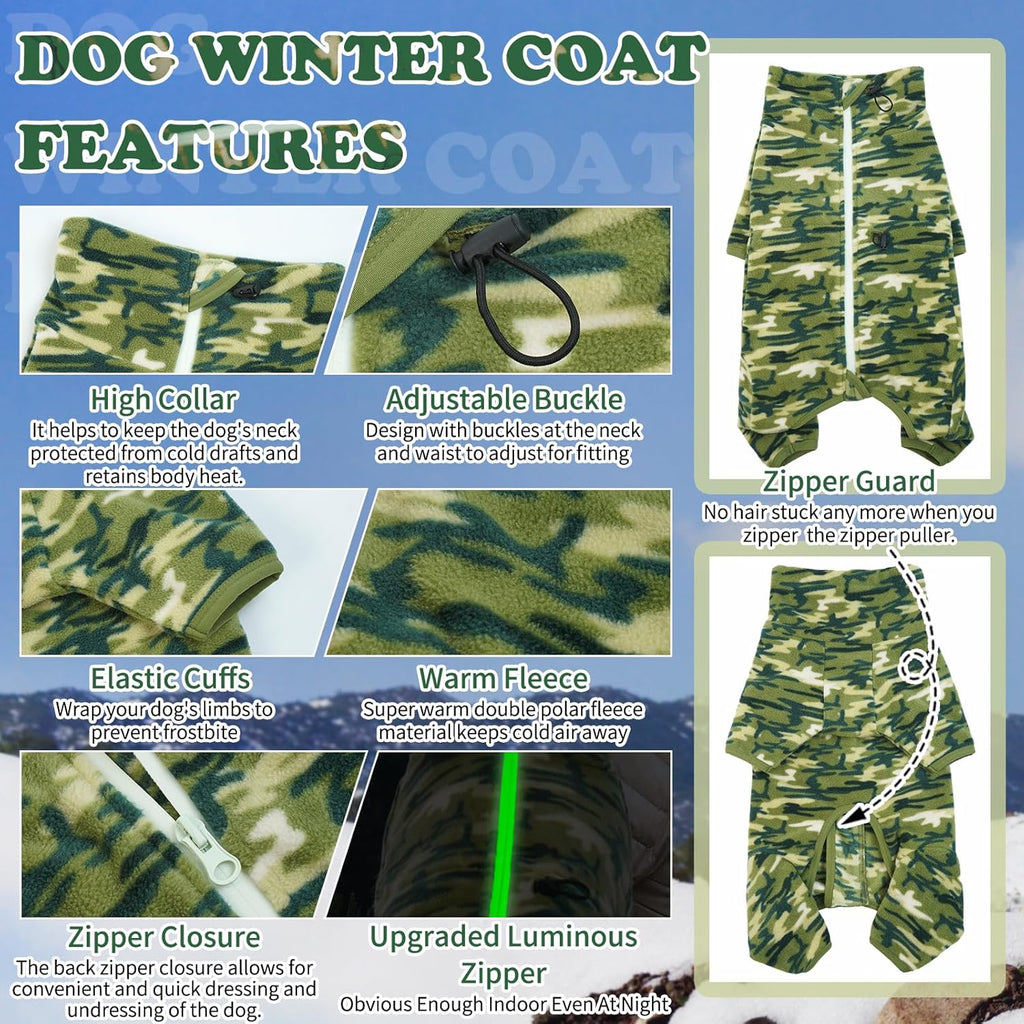 ROZKITCH Small Dog Camo Coat, Pet Windproof Warm Cold Weather Jacket Vest with Luminous Zipper, Jumpsuit Apparel Outfit Clothes for Small Medium Large Dog Camo S