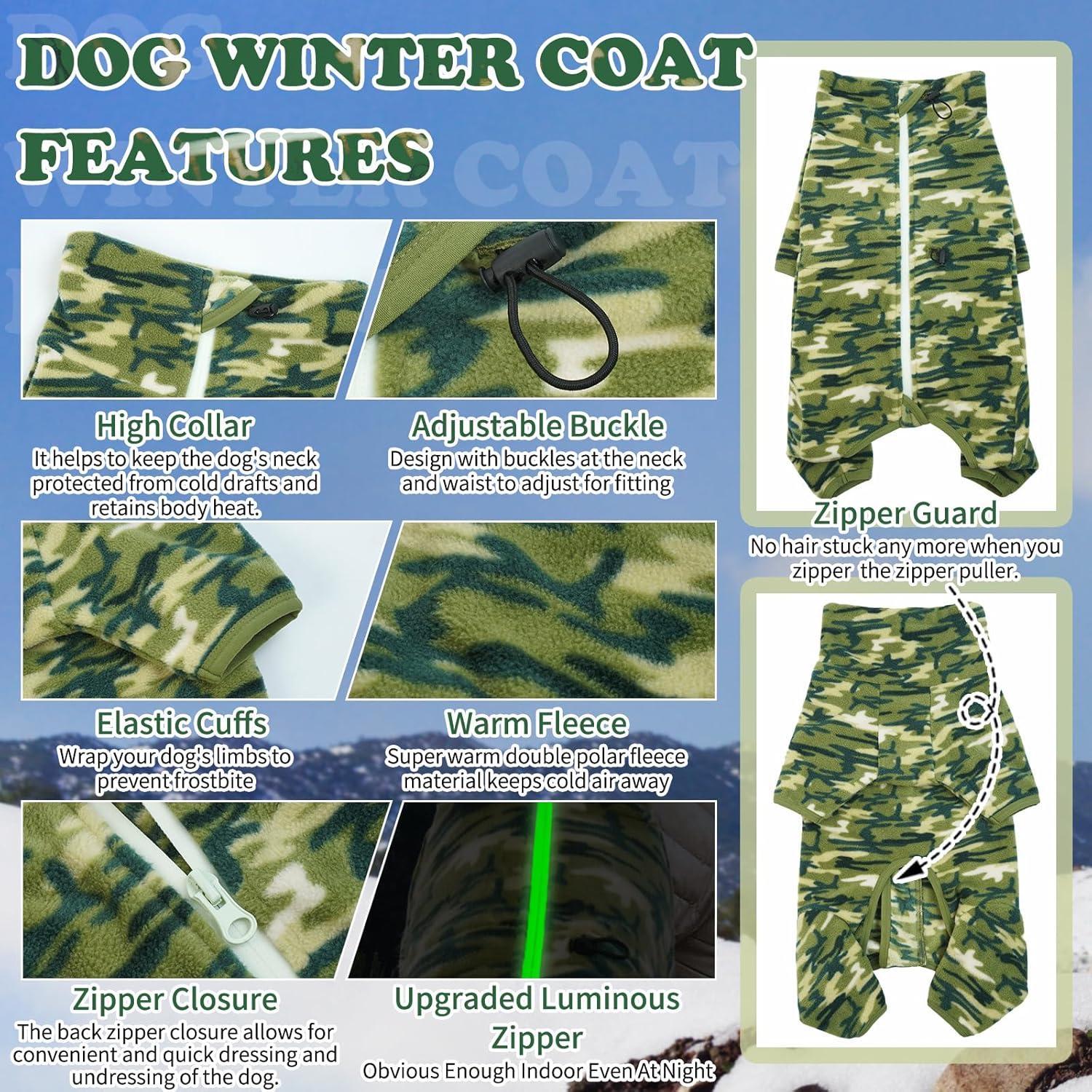 ROZKITCH Great Dane Clothes Dog Winter Coat Soft Fleece Pullover Pajamas, Pet Windproof Warm Cold Weather Jacket Vest with Luminous Zipper, Jumpsuit Apparel Outfit Clothes for Giant Dog Camo 3XL