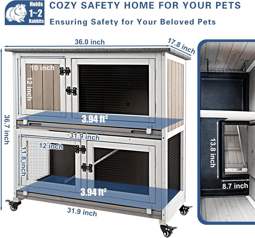 36" L Guinea Pig Cages Wooden, 2 Story Rabbit Cage Indoor Guinea Pig Habitat on 4 Metal Wheels and 2 Deeper Pull-Out Trays, Ramp, Leak Proof Guinea Pig Cages Indoor Small Animal Cage, Grey