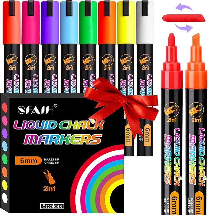 SFAIH Liquid Chalk Markers for Bhalkboard - Vibrant 8 Colors 6mm Reversible Tip, Wet Erase Marker for Chalkboard, Menu, Bistro, Signs, Windows, Glass, Labels, Dust-Free [1s Wet Wipe] - No Residue