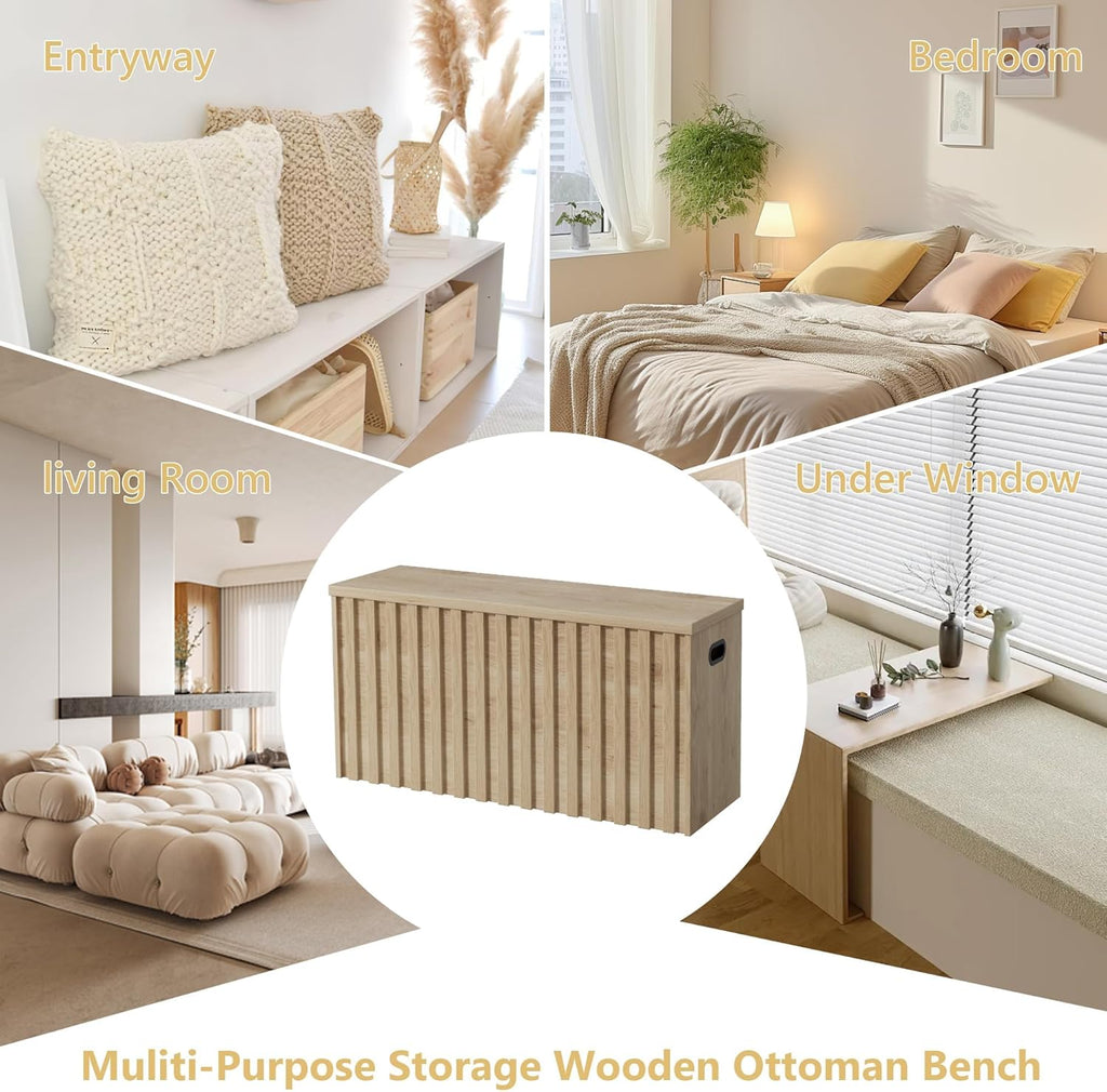 UEV Storage Bench Set of 2, 39.4" Wood Storage Trunk with 2 Safety Hinges, Sturdy Storage Chest, Fluted Storage Bench for Bedroom, Shoe Bench for Entryway, Living Room (Ivroy White)