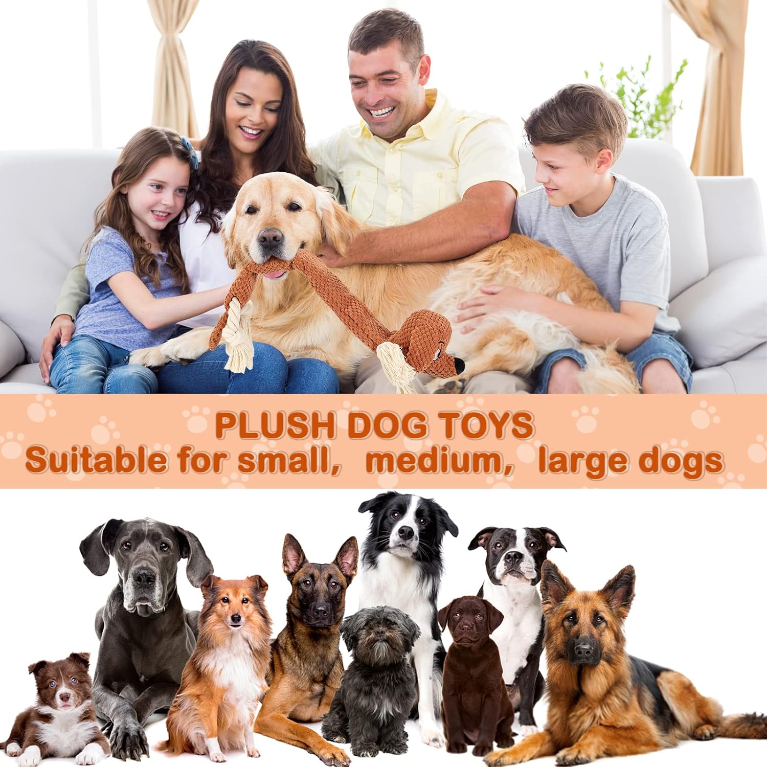 Dog Toys,Squeaky Dog Chew Toy with Crinkle Paper,Interactive Tough Plush Rope Toys for Small Medium Large Dogs with Gift Boxes