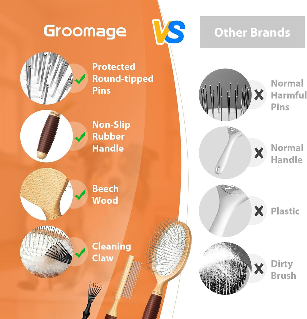 Dog Brush for Long Haired Dogs, 27mm Extra Long Metal Pin Dog Deshedding Brush and Comb Set, Short Haired Shedding Grooming Detail Pets Brush Set with Rubber Handle