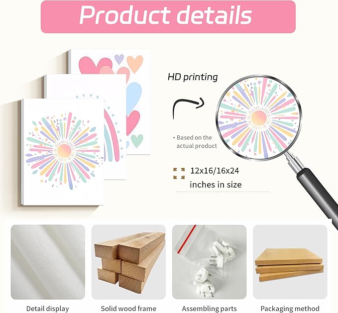 Dytial 3 Piece Toddler Girl Room Decor, Rainbow Wall Decor for Girls Bedroom, Colorful Boho Sunshine Paintings for Nursery Decor, Kids Room Wall Decor, Classroom Decoration 12x16 Inch