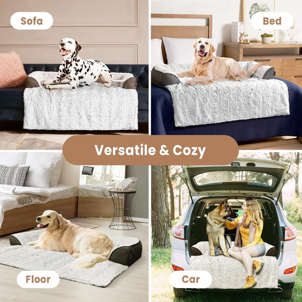 Calming Extra Large Dog Couch Bed, 45 x 37 inch Waterproof Memory Foam Dog Bed for Couch, Durable Fluffy Fuzzy Dog Bed Mats with Washable Removable Cover Protector for Sofa, Bedside - Grey