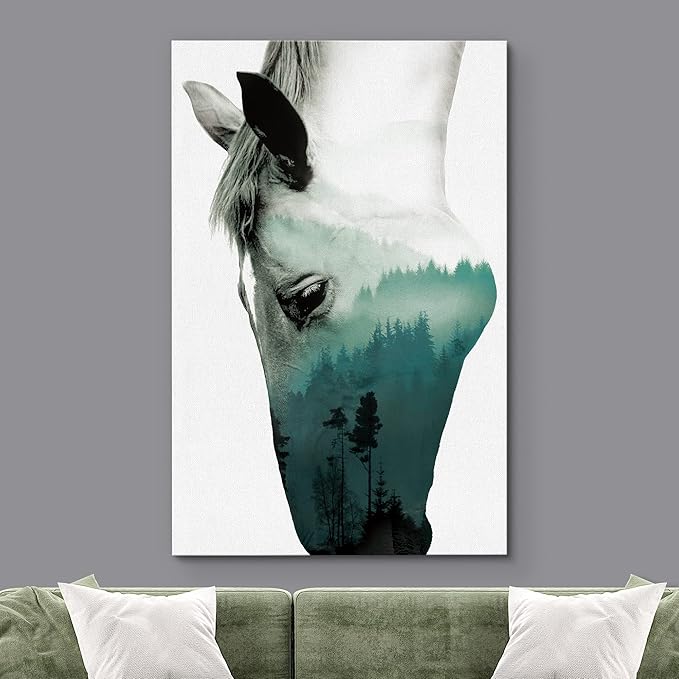 SIGNWIN Canvas Wall Art A Wild Horse and Foggy Mountain Double Exposure Photography Animals Wildlife Digital Art Modern Art Rustic Portrait Edgy for Living Room, Bedroom, Office - 24x36 inches