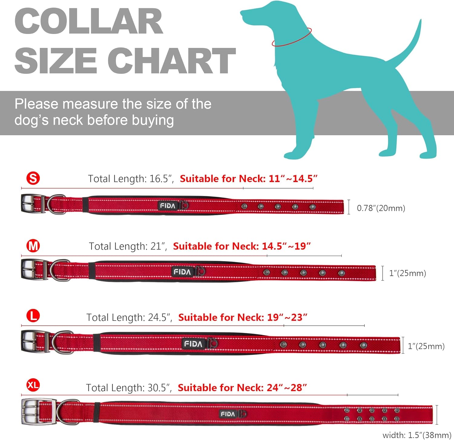 Fida Heavy Duty Dog Collar 1.5” Width, Ultra Soft Neoprene Padded, Adjustable Reflective Nylon Pet Collar with Two Metal Pin Belt Buckle for Large/X-Large Breeds (XL, Red)