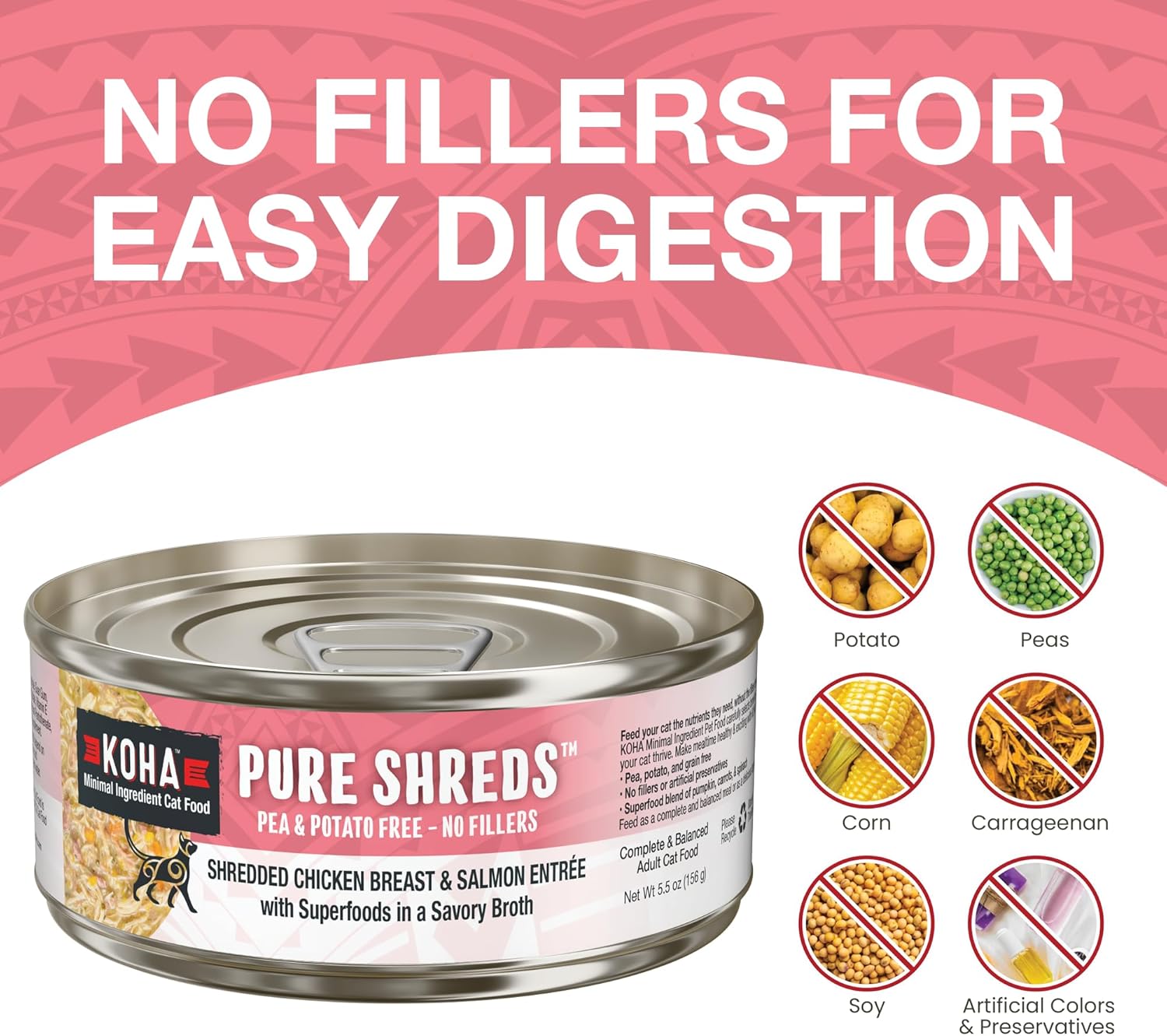 KOHA Pure Shreds Chicken and Salmon Entrée for Cats, High Protein Wet Cat Food, 2.8oz Cans (Pack of 24)