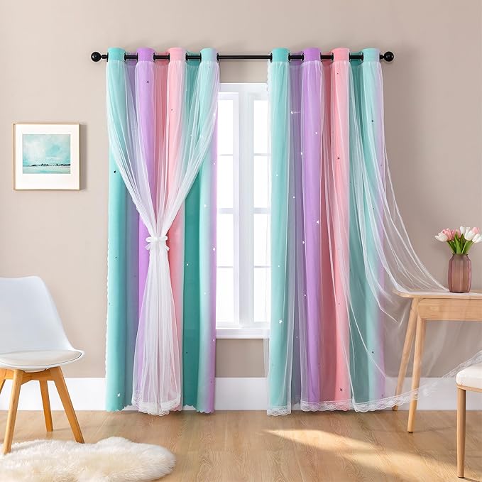 XiDi Kids Blackout Curtains for Bedroom 96 Inches Long 2 Panels Set Cute Pink Grommet Window Treatment Darpes Princess Nursery Unicorn Rainbow Curtains for Girl Room Deocr Pink Purple Green 42x96