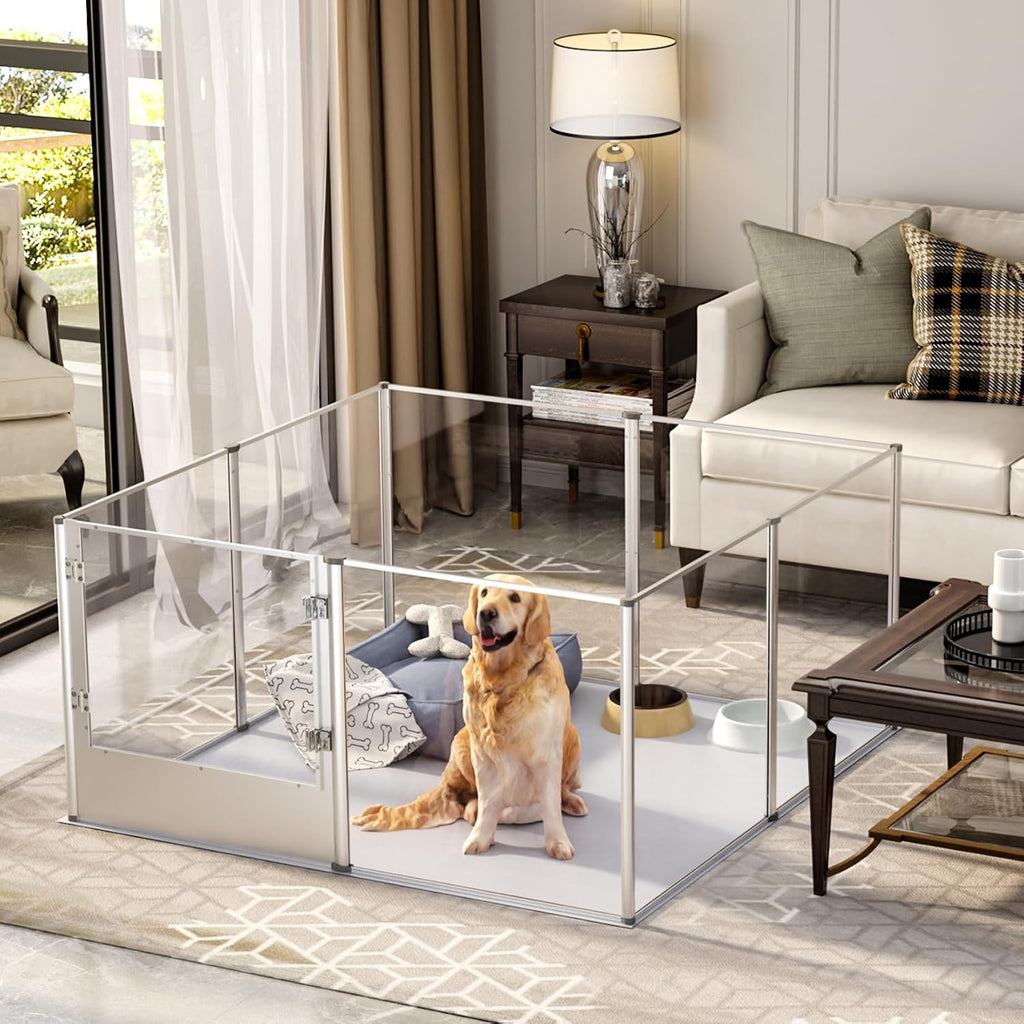 Dog Clear Playpen Fence Kennel: 32” Extra Tall Indoor Pet Birthing Cage Whelping Box with Waterproof Fertility Pad - 52”x52” Extra Large Dogs Exercise Crate Pen Made by Acrylic and Aluminum Frame