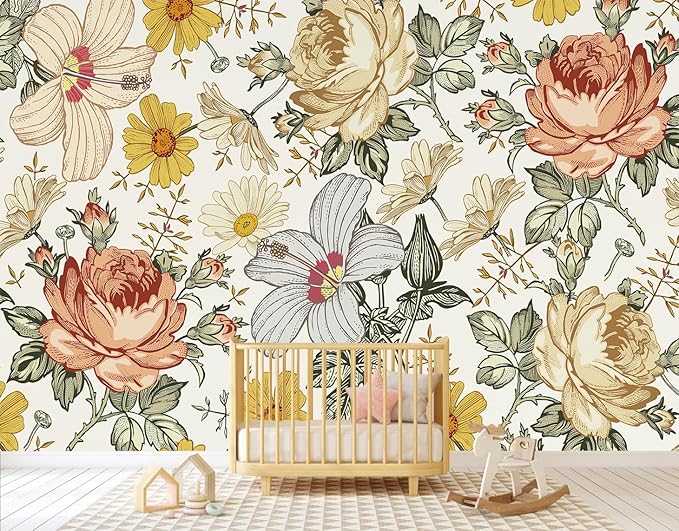Vintage Floral Wallpaper Pink and Yellow Peony Flower Wall Mural for Living Room Bedroom（Not Peel and Stick）