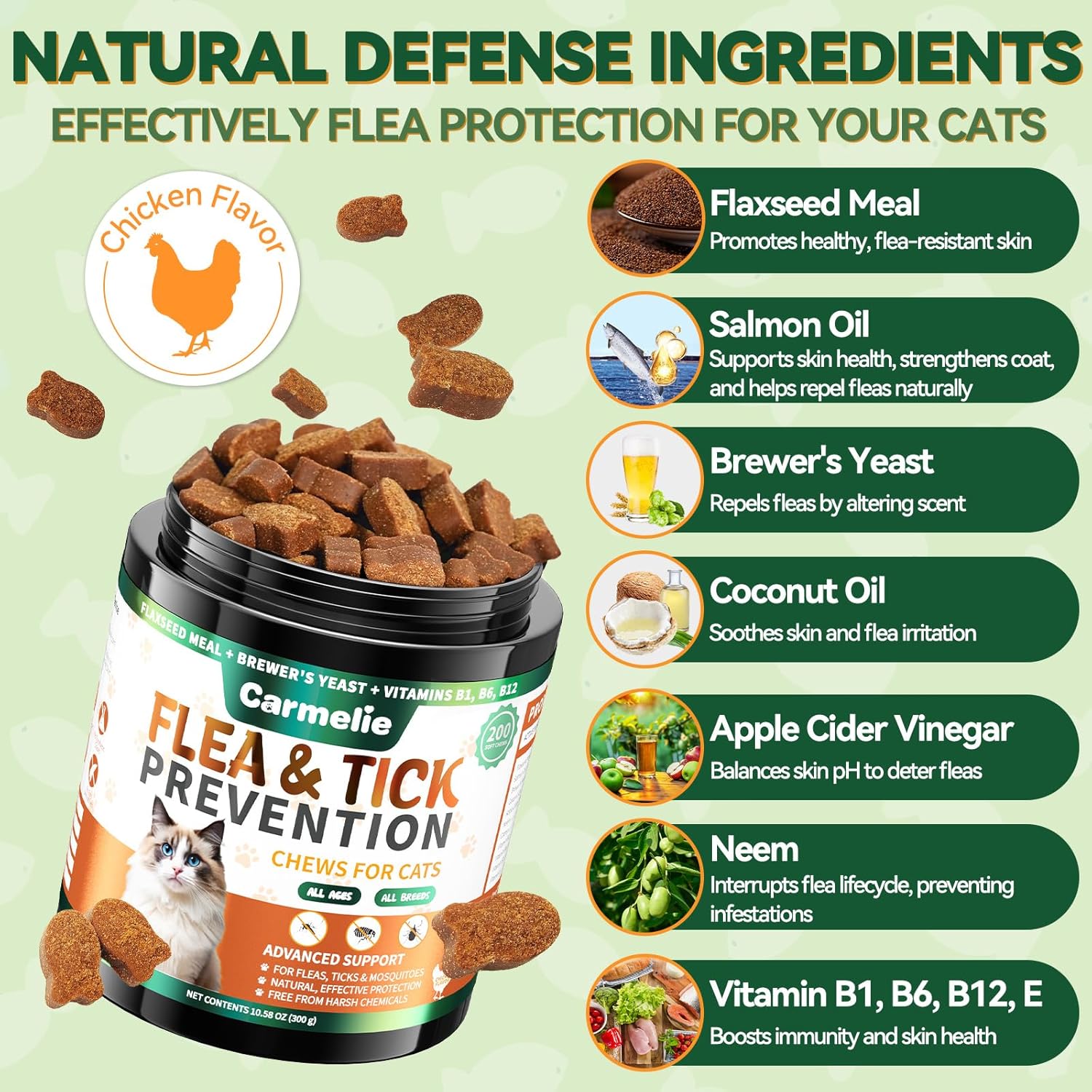 Flea and Tick Treatment for Cats - 200 Chews Flea and Tick Prevention for Cat Chewables - Flea Treatment for Cats All Breeds & Ages - Natural Cat Fleas and Ticks Defense - Chicken Flavor