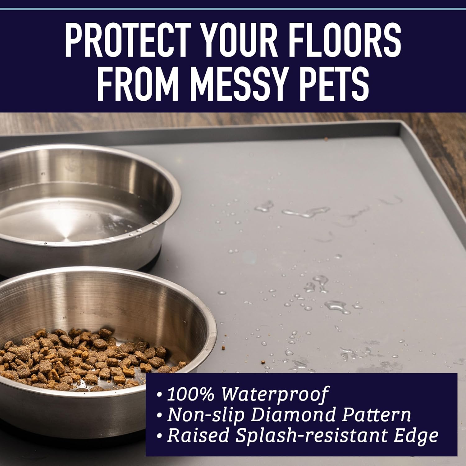 Leash Boss Dog Food Mat for Food and Water Bowls, Waterproof Silicone Pet Feeding Mat for Floors, Extra Tall Raised Edges, Cat and Dog Placemat for Floors, Dishwasher Safe (XXL: 30" x 22" - Navy)