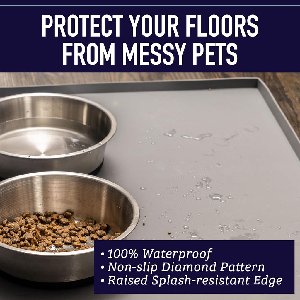 Leash Boss Dog Food Mat – Waterproof Silicone Pet Feeding Mat with Raised Edges for Dogs & Cats, Non-Slip Placemat for Food & Water Bowls, Spill-Proof Floor Protection,Easy to Clean(Black,XXL-30"x22")