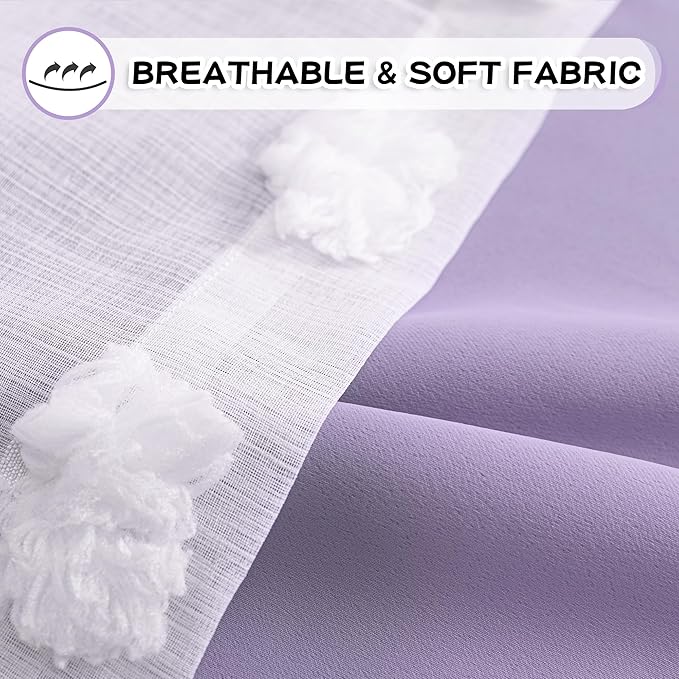 MYSKY HOME Lilac Curtains for Girls Bedroom Kids Curtain White Pom Pom Sheer Window Curtains 2 Panels Grommet Room Darkening Double Layer Nursery Curtains 63 Inches Length, Light Purple, W52 X L63